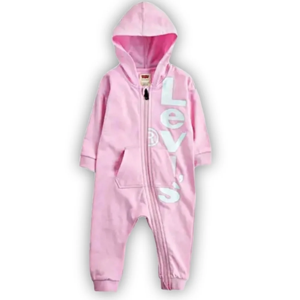 Levis Baby Girl Hooded Coverall Pink & White Graphic One Piece Jumpsuit NWT 6M